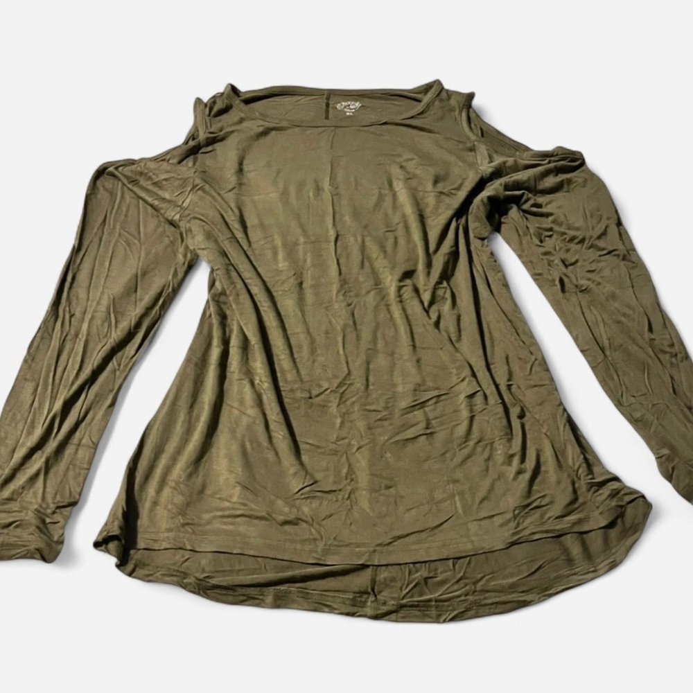 Tickled Teal Olive Green Cold Shoulder Long Sleeve Tee, Sz XL
